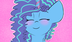 Size: 1735x1000 | Tagged: safe, artist:girlduog, imported from derpibooru, pony, unicorn, blushing, cute, eyes closed, female, freckles, g5, looking at you, mare, misty brightdawn, mistybetes, outline, pink background, simple background, smiling, smiling at you, solo, watermark, white outline