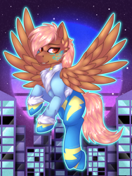 Size: 1500x2000 | Tagged: safe, artist:chvrchgrim, imported from derpibooru, oc, oc:radio, pegasus, pony, augmented, city, clothes, cyber, cyberpunk, female, flying, jacket, retrowave, solo, synthwave, uniform, wonderbolts uniform