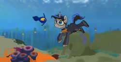 Size: 1280x660 | Tagged: safe, artist:birdbluejayda, imported from derpibooru, oc, oc only, fish, peeper (subnautica), pony, unicorn, blue eyes, bubble, coral, digital art, diving, diving suit, horn, male, ocean, rock, smiling, solo, stallion, subnautica, underwater, water