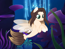 Size: 1280x953 | Tagged: safe, artist:cindystarlight, imported from derpibooru, oc, oc only, oc:cindy, pegasus, seapony (g4), base used, brown mane, coral, dorsal fin, female, fin wings, fins, fish tail, green eyes, mare, ocean, seaponified, seaquestria, seaweed, smiling, solo, species swap, tail, underwater, water, wings