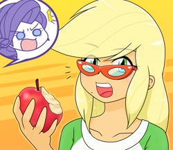 Size: 1480x1280 | Tagged: safe, artist:batipin, imported from derpibooru, applejack, rarity, human, equestria girls, accessory theft, apple, bite mark, duo, emanata, eye clipping through hair, eyebrows, eyebrows visible through hair, female, food, glasses, open mouth, rarity's glasses