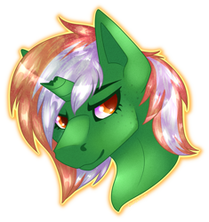 Size: 1443x1533 | Tagged: safe, artist:chvrchgrim, imported from derpibooru, oc, oc only, oc:four leaf, pony, unicorn, broken horn, bust, female, horn, orange eyes, portrait, simple background, smiling, solo, transparent background