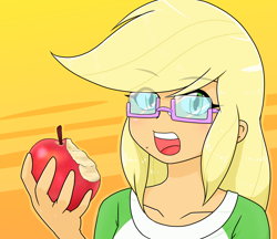 Size: 1480x1280 | Tagged: safe, alternate version, artist:batipin, imported from derpibooru, applejack, human, equestria girls, apple, bite mark, eye clipping through hair, eyebrows, eyebrows visible through hair, female, food, glasses, open mouth, solo