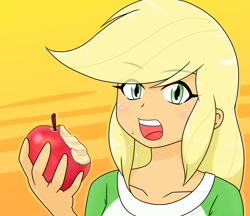 Size: 1480x1280 | Tagged: safe, alternate version, artist:batipin, imported from derpibooru, applejack, human, equestria girls, apple, bite mark, eye clipping through hair, eyebrows, eyebrows visible through hair, female, food, open mouth, solo