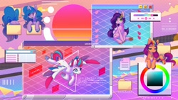 Size: 3840x2160 | Tagged: safe, artist:wavecipher, imported from derpibooru, izzy moonbow, pipp petals, sunny starscout, zipp storm, earth pony, pegasus, pony, unicorn, adorapipp, aesthetics, butt, cute, drinking, eyes closed, g5, izzy moonbutt, izzybetes, now you're thinking with portals, open mouth, plot, portal, royal sisters (g5), siblings, sisters, smoothie, the new pinkie pie, tongue out, vaporwave, webcore