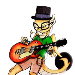 Size: 468x468 | Tagged: safe, artist:liaaqila, imported from derpibooru, oc, oc only, oc:myoozik the dragon, dragon, bracelet, brown eyes, clothes, commission, dragon oc, earbuds, electric guitar, fangs, folded wings, glasses, green shirt, guitar, guitar pick, hat, jewelry, les paul, male, male dragon, musical instrument, necklace, non-pony oc, pants, playing instrument, shorts, simple background, smiling, solo, tail, top hat, traditional art, white background, wings