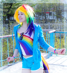 Size: 946x1024 | Tagged: safe, artist:restlessmuse, imported from derpibooru, rainbow dash, human, clothes, cosplay, costume, irl, irl human, multicolored hair, photo, rainbow hair