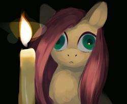 Size: 1280x1045 | Tagged: safe, alternate version, artist:some_ponu, imported from derpibooru, fluttershy, pegasus, pony, candle, creepy, derp, open mouth, solo, textless, wide eyes