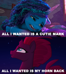 Size: 3400x3826 | Tagged: safe, artist:ejlightning007arts, edit, edited screencap, imported from derpibooru, screencap, fizzlepop berrytwist, tempest shadow, pony, unicorn, my little pony: the movie, spoiler:g5, spoiler:my little pony: make your mark chapter 2, spoiler:myms01e08, broken horn, desperation, emotional, g5, have you seen this dragon?, horn, looking up, lying down, misty brightdawn, my little pony: make your mark, my little pony: make your mark chapter 2, sad, similarities