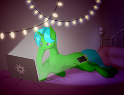 Size: 2989x2300 | Tagged: safe, artist:beast!sans, imported from derpibooru, oc, oc:green byte, pony, unicorn, bed, computer, laptop computer, male, solo, stallion, string lights