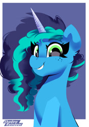 Size: 1050x1500 | Tagged: safe, artist:shadowreindeer, imported from derpibooru, pony, unicorn, spoiler:g5, bust, experiment, female, freckles, g5, looking at you, mare, misty brightdawn, portrait, smiling, solo