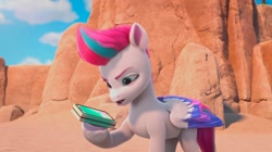 Size: 2388x1339 | Tagged: safe, imported from derpibooru, screencap, zipp storm, pegasus, pony, spoiler:g5, spoiler:my little pony: make your mark chapter 2, spoiler:myms01e03, beach, cellphone, cliff, female, g5, mare, my little pony: make your mark, my little pony: make your mark chapter 2, outdoors, phone, portrait of a princess, solo