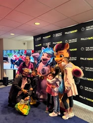 Size: 1536x2048 | Tagged: safe, imported from derpibooru, izzy moonbow, sunny starscout, earth pony, human, pony, unicorn, clothes, costume, female, fursuit, g5, irl, irl human, mare, mascot costume, new york city, paley center, paleywknd, photo
