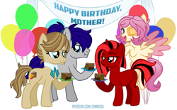 Size: 1000x621 | Tagged: safe, artist:jennieoo, imported from derpibooru, oc, oc:bloodline, oc:gentle star, oc:maverick, earth pony, pegasus, pony, unicorn, balloon, birthday, cake, celebration, cute, female, food, happy, male, mother, mother and child, mother and daughter, mother and son, ocbetes, show accurate, simple background, smiling, story included, transparent background, vector