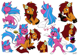 Size: 4676x3308 | Tagged: safe, artist:dar, imported from derpibooru, oc, oc only, oc:apple bloom, oc:echo shade, earth pony, pony, unicorn, fanfic:song of seven, bag, blue mane, bottle, brush, clothes, colored fetlocks, duo, earth pony oc, eyes closed, female, flower, flower in hair, flowing mane, hairbrush, hooves, horn, leaf, leaves, leaves in hair, leonine tail, long tail, magic, mare, mortar and pestle, potion, raised hoof, satchel, scarf, simple background, striped mane, tail, transparent background, unicorn oc, unshorn fetlocks, white hooves