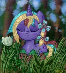 Size: 1150x1267 | Tagged: safe, artist:battyboopers, imported from derpibooru, oc, oc only, oc:starbeam, pony, unicorn, eyes closed, female, horn, nature, solo, unicorn oc