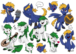 Size: 4676x3308 | Tagged: safe, artist:dar, imported from derpibooru, oc, oc only, oc:meadow skip, oc:slashbuckler, earth pony, pegasus, fanfic:song of seven, ..., braid, braided tail, bucket, clothes, colored fetlocks, earth pony oc, eyes closed, guitar, hammer, heart, hooves, laughing, long tail, lute, music, music notes, musical instrument, nails, pegasus oc, playing instrument, raised hoof, shield, short tail, simple background, singing, smiling, solo, tail, transparent background, unshorn fetlocks, wings, yelling