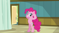 Size: 1280x720 | Tagged: safe, imported from derpibooru, screencap, pinkie pie, earth pony, pony, read it and weep, season 2, bipedal, hospital, looking at you, smiling, solo, standing