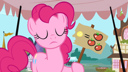 Size: 1280x720 | Tagged: safe, imported from derpibooru, screencap, pinkie pie, earth pony, pony, putting your hoof down, season 2, bits, equal sign, eyes closed, female, food, frown, mare, sign, solo, tomato