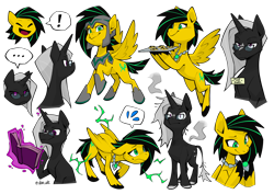 Size: 4676x3308 | Tagged: safe, artist:dar, imported from derpibooru, oc, oc only, oc:lightning bug, oc:polaris, pegasus, unicorn, fanfic:song of seven, ..., armor, armored pony, black mane, book, burnt, clothes, cookie, electricity, eyes closed, female, food, gem, gemstones, glasses, glowing, glowing horn, helmet, hooves, horn, jewelry, leonine tail, magic, mare, name tag, necklace, open mouth, pegasus oc, raised hoof, short tail, simple background, singing, smoke, soldier, soldier pony, solo, sparks, striped mane, tail, telekinesis, tray, unicorn oc, wings