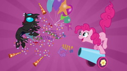 Size: 1280x720 | Tagged: safe, imported from derpibooru, screencap, pinkie pie, changeling, earth pony, pony, a canterlot wedding, season 2, attack, duo, female, male, mare, open mouth, party cannon