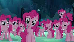 Size: 1280x720 | Tagged: safe, imported from derpibooru, screencap, pinkie pie, earth pony, pony, season 3, too many pinkie pies, clone, female, looking at you, mare, multeity, pinkie clone, this will not end well, too much pink energy is dangerous