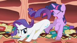 Size: 1920x1080 | Tagged: safe, imported from derpibooru, screencap, rarity, twilight sparkle, pony, unicorn, season 1, sonic rainboom (episode), 1080p, angry, book, bookshelf, butt, butt bump, butt smash, context is for the weak, duo, duo female, duo unicorn, eyes closed, female, mare, now go on, open mouth, out of context, plot, pushing, rump push, unicorn twilight