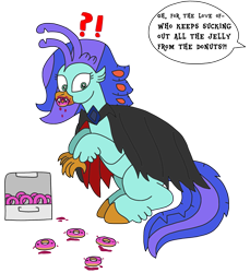 Size: 2115x2306 | Tagged: safe, artist:supahdonarudo, imported from derpibooru, oc, oc only, oc:sea lilly, classical hippogriff, hippogriff, vampire, bite mark, cape, caught, clothes, costume, dialogue, donut, exclamation point, fangs, food, halloween, halloween costume, jelly, question mark, simple background, speech bubble, text, transparent background, vampire costume