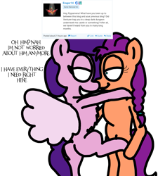 Size: 1275x1414 | Tagged: safe, artist:professorventurer, imported from derpibooru, pipp petals, sunny starscout, earth pony, pegasus, pony, series:ask pippamena, bedroom eyes, bipedal, butt, chest fluff, female, g5, lesbian, looking at each other, looking at someone, mare, pipp butt, pippamena, plot, shipping, smiling, smiling at each other, sunnypipp