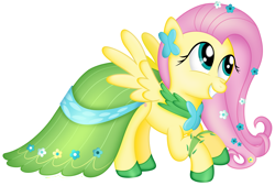 Size: 4431x3000 | Tagged: safe, artist:plsim, imported from derpibooru, fluttershy, pegasus, pony, clothes, cute, dress, female, gala dress, hoof shoes, looking at something, mare, shyabetes, simple background, smiling, solo, transparent background, wings