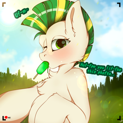 Size: 2000x2000 | Tagged: safe, artist:chura chu, imported from derpibooru, oc, oc only, pony, commission, female, food, green hair, ice cream, looking at you, meadow, one eye closed, shading, solo, wink, winking at you, ych result