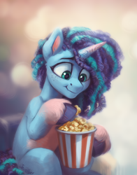 Size: 1100x1400 | Tagged: safe, artist:jewellier, imported from derpibooru, pony, unicorn, abstract background, cute, eating, female, food, freckles, g5, herbivore, magnetic hooves, mare, misty brightdawn, mistybetes, popcorn, sitting, smiling, solo, that pony sure does love popcorn, unshorn fetlocks