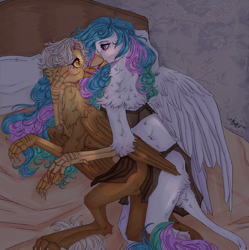 Size: 2100x2110 | Tagged: artist needed, source needed, safe, imported from derpibooru, princess celestia, oc, oc:alviss, griffon, bed, clothes, duo, griffon oc, griffonized, loincloth, lying down, night, species swap, tribal, underwear, wings