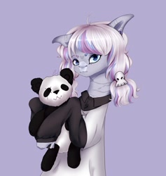 Size: 2044x2160 | Tagged: safe, artist:avi, imported from derpibooru, bear, earth pony, panda, pony, bone, clothes, female, filly, mare, plushie, ponytails, purple background, shirt, simple background, skeleton, solo