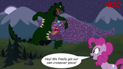 Size: 3840x2160 | Tagged: safe, artist:bigjohnnycool, artist:loaded--dice, edit, imported from derpibooru, pinkie pie, bear, earth pony, kaiju, pony, ursa, ursa major, 4k, crossover, female, fight, godzilla, godzilla (series), hanna barbera, high res, mare, speech bubble, the godzilla power hour