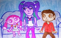 Size: 2281x1441 | Tagged: safe, artist:dex stewart, imported from derpibooru, aria blaze, human, equestria girls, disguise, disguised siren, jinmay, marco diaz, star vs the forces of evil, traditional art