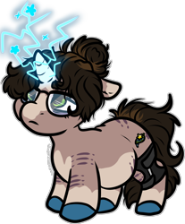 Size: 980x1185 | Tagged: safe, artist:sexygoatgod, imported from derpibooru, oc, oc only, oc:ace salacious, pony, unicorn, chibi, chubby, glasses, hair bun, leg brace, messy mane, simple background, solo, species swap, transparent background