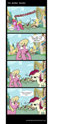 Size: 1024x2078 | Tagged: safe, artist:moonwhisperderpy, imported from derpibooru, berry punch, berryshine, lily, lily valley, minuette, roseluck, earth pony, pony, unicorn, comic, dialogue, female, mare, monster, roseluck is not amused, speech bubble, the horror