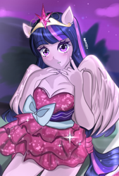 Size: 1181x1748 | Tagged: safe, artist:namieart, imported from derpibooru, twilight sparkle, alicorn, human, equestria girls, equestria girls (movie), bare shoulders, big crown thingy, clothes, crown, dress, element of magic, jewelry, regalia, sleeveless, solo, strapless, twilight sparkle (alicorn)