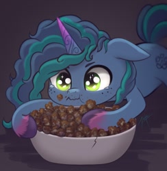 Size: 800x820 | Tagged: safe, artist:zetamad, imported from derpibooru, pony, unicorn, spoiler:my little pony: make your mark chapter 2, spoiler:myms01e06, bowl, crumbs, cute, eating, female, floppy ears, food, freckles, g5, herbivore, mare, misty brightdawn, mistybetes, my little pony: make your mark, my little pony: make your mark chapter 2, popcorn, solo, that pony sure does love popcorn, the traditional unicorn sleep-over, unshorn fetlocks