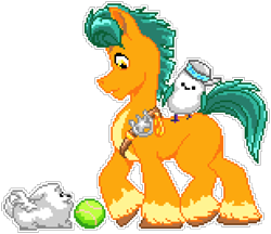 Size: 924x798 | Tagged: safe, artist:bcpony, artist:epicvon, imported from derpibooru, hitch trailblazer, bird, dog, earth pony, pomeranian, pony, seagull, animal, badge, ball, cloudpuff, flying pomeranian, g5, kenneth, male, manepxls, pixel art, pxls.space, simple background, stallion, tennis ball, transparent background, winged dog, wings