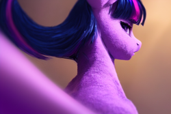 Size: 768x512 | Tagged: safe, imported from twibooru, twilight sparkle, detailed fur, detailed hair, gradient background, image, lidded eyes, looking at you, looking back, looking back at you, machine learning generated, open mouth, png, stable diffusion, twibooru exclusive, wind in hair