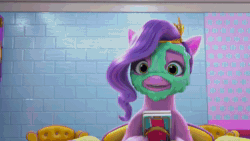 Size: 1280x720 | Tagged: safe, imported from derpibooru, screencap, pipp petals, queen haven, zipp storm, spoiler:g5, spoiler:my little pony: make your mark chapter 2, animated, carpet, cellphone, chair, curtains, face mask, g5, hair steamer, lightbulb, mask, mirror, mud mask, music notes, my little pony: make your mark, my little pony: make your mark chapter 2, phone, pillow, portrait of a princess, salon, seat, sitting, speaker, stage light, webm