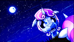 Size: 1926x1092 | Tagged: safe, artist:dragonwolfrooke, artist:sarah sellers, sweetie belle, pony, robot, robot pony, unicorn, black sclera, downturned ears, glowing eyes, looking down, moon, night, night sky, reflection, signature, sky, solo, stars, sweetie bot, tron lines, water, water reflection, water ripples