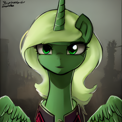 Size: 2048x2048 | Tagged: safe, artist:psychoshy_bc1q, imported from ponybooru, alicorn, fallout equestria, artificial alicorn, bust, green alicorn (fo:e), green eyes, looking at you, ponybooru exclusive, portrait, spread wings, stable diffusion, wings
