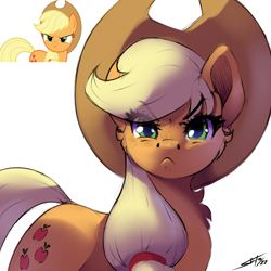 Size: 3000x3000 | Tagged: safe, artist:skitsniga, applejack, earth pony, pony, applejack's hat, cowboy hat, eye clipping through hair, female, hat, looking at you, mare, scene interpretation, simple background, solo, white background