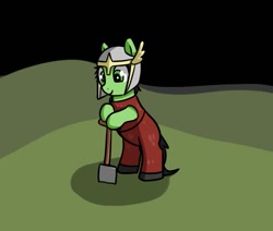 Size: 955x809 | Tagged: safe, artist:neuro, oc, oc only, oc:filly anon, earth pony, pony, bipedal, bipedal leaning, clothes, female, filly, helmet, leaning, runescape, shovel, solo