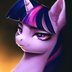 Size: 1024x1024 | Tagged: safe, editor:hawkeyethree, imported from derpibooru, twilight sparkle, pony, ai content, ai generated, bust, female, generator:purplesmart.ai, generator:stable diffusion, lidded eyes, mare, portrait, smiling, solo