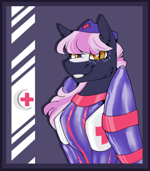 Size: 2978x3398 | Tagged: safe, artist:parrpitched, imported from derpibooru, oc, oc:nurse lavender blossom, bat pony, pony, bat pony oc, bound wings, fireheart76's latex suit design, kink, latex, latex suit, nurse, prisoners of the moon, rubber, rubber suit, solo, wings