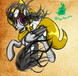 Size: 952x925 | Tagged: safe, artist:igorbanette, imported from derpibooru, oc, oc:thorn darkness, pegasus, pony, clothes, colored wings, eye mist, goggles on head, scarf, solo, two toned wings, wings, wisp